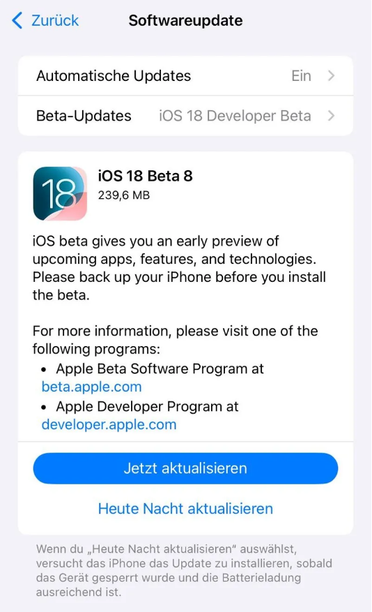 新巴尔虎左苹果手机维修分享苹果 iOS / iPadOS 18 开发者预览版 Beta 8 发布 